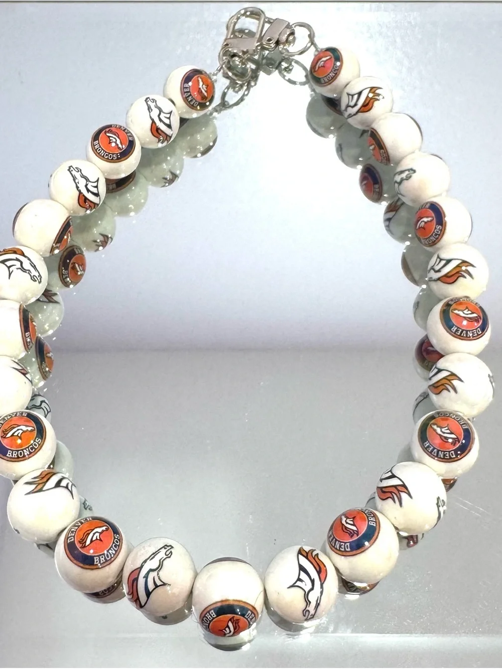 New Denver Broncos White Beaded Bag Chain 18 inches  with Logo Accents